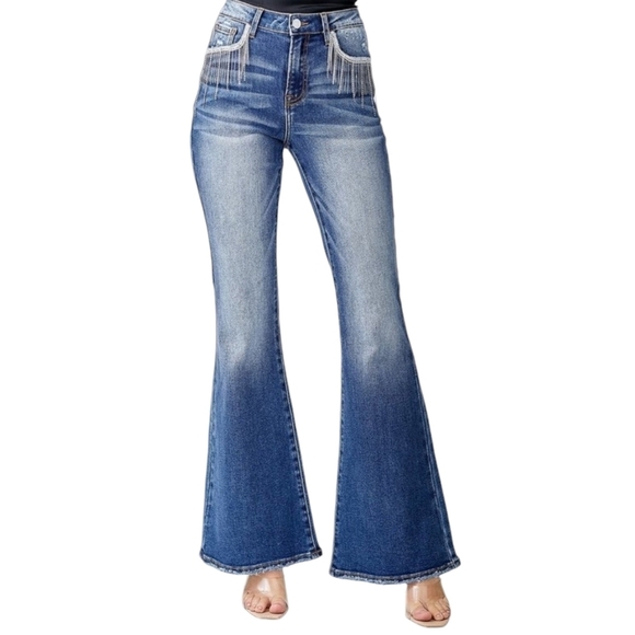 Risen Jeans Denim - Risen Dolly High Rise Flare Jeans Rhinestones Crystals Tassels